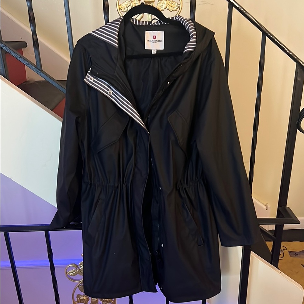 Urban Republic Black rain Trench Coat with Textured Fabric and Fitted Silhouette